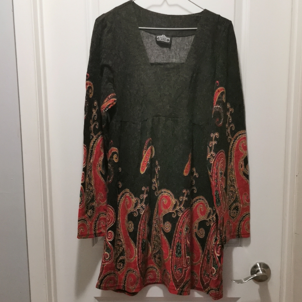 Angie Long Sleeve‎ Dress with Red and Black Paisley Accents